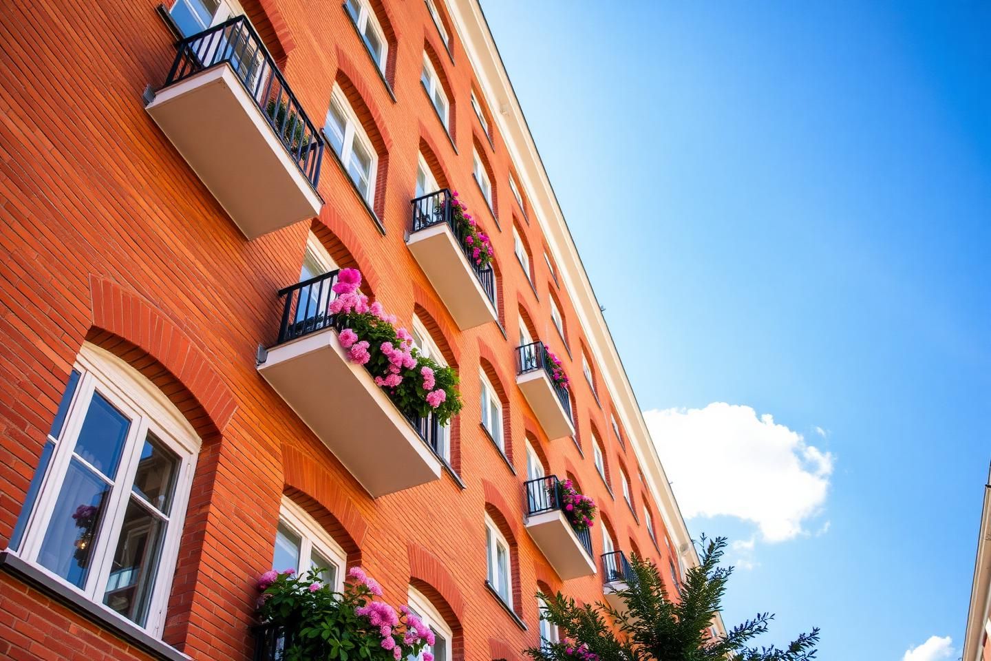 Tegelfasad med balkonger och blommor på ett bostadshus i sommarsol
