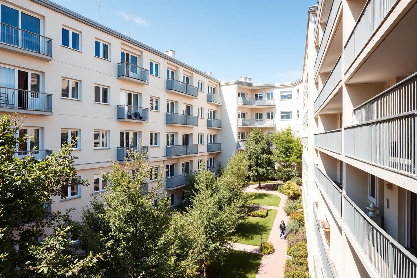 Ljusa flerbostadshus med balkonger runt en grön innergård i sommarsol