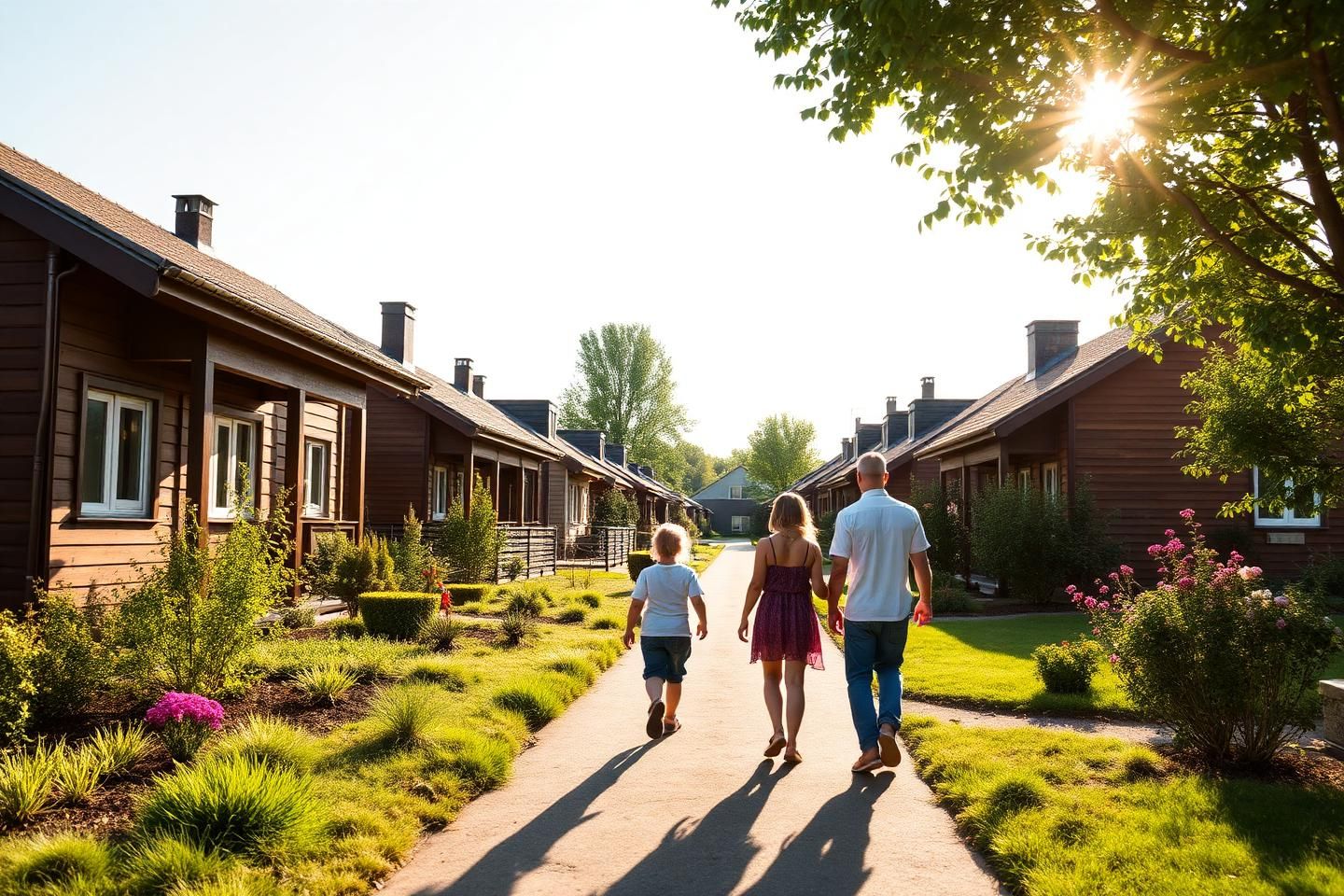Familj som promenerar mellan svenska villor en solig sommarmorgon