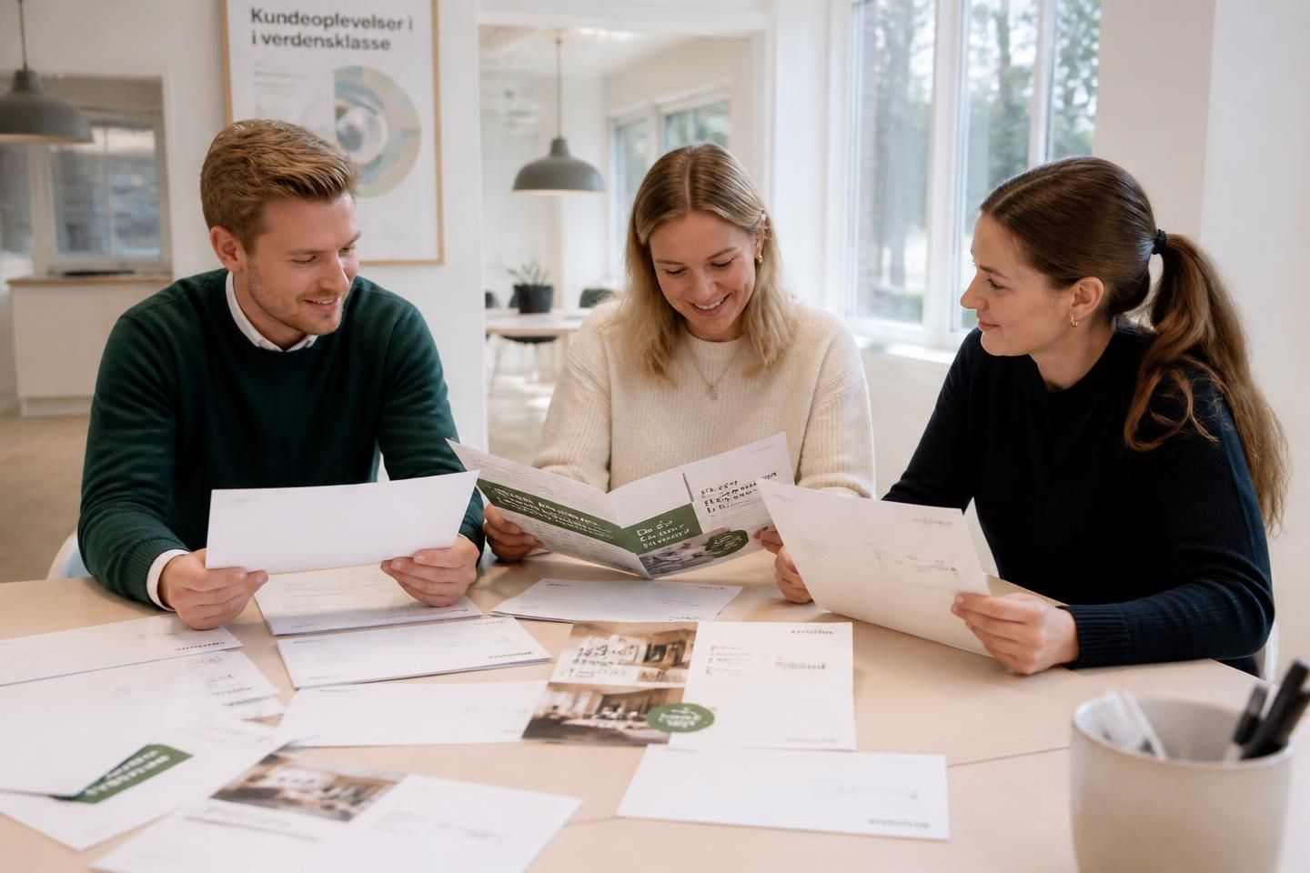 Marknadsteam går igenom adresserade brev och foldrar för ett direktreklamutskick i ett ljust kontor