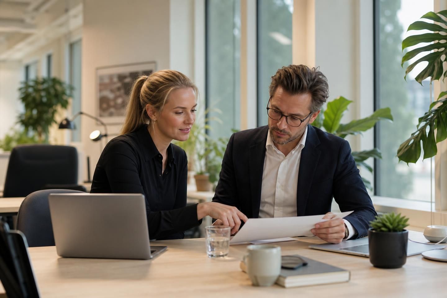Två kollegor går igenom företagsregistret och företagsadresser vid en laptop i ett ljust kontorslandskap