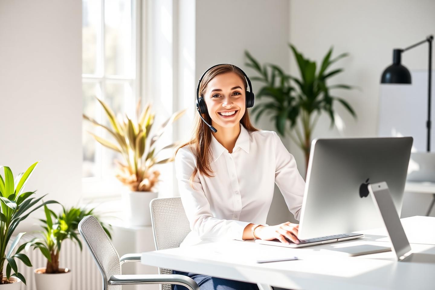 Rådgivare med headset som hjälper en kund vid ett ljust skrivbord
