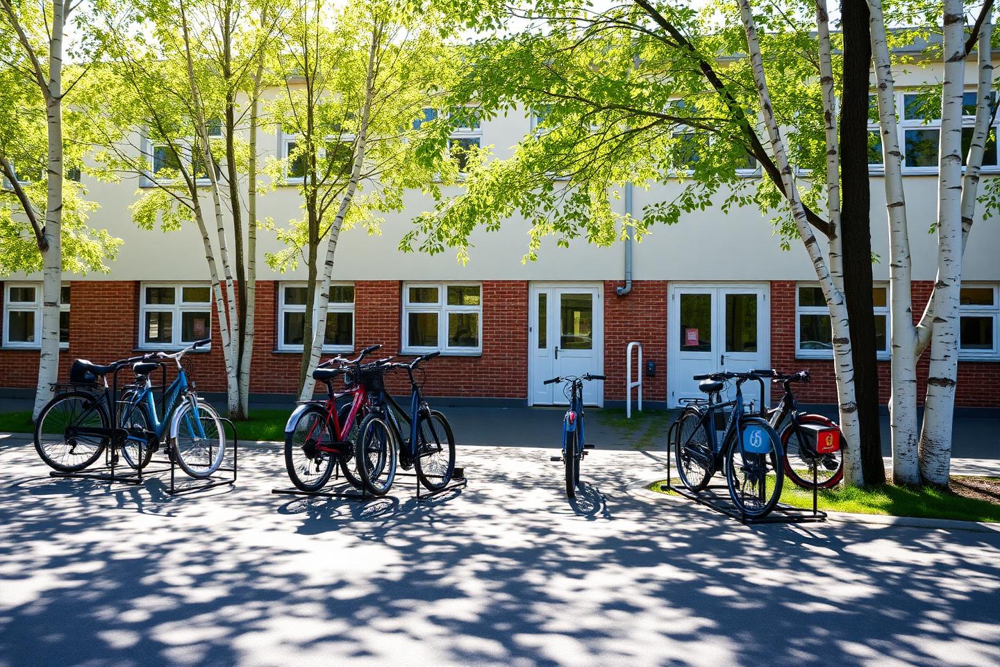 Svensk skolbyggnad i tegel med cykelställ och björkar på skolgården