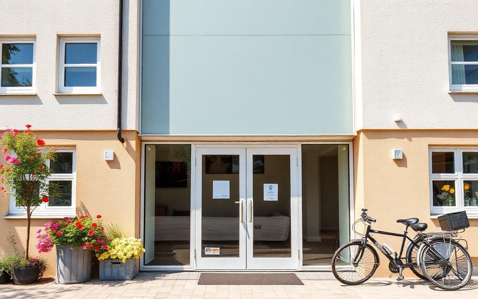 Entré till bostadsrättsförening i tegelhus där en boende låser upp porten – BRF-register