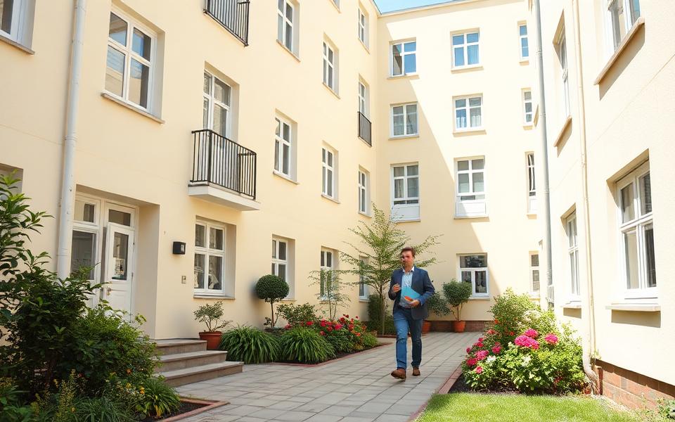 Fastighetsförvaltare framför flerbostadshus med balkonger – register över fastighetsägare