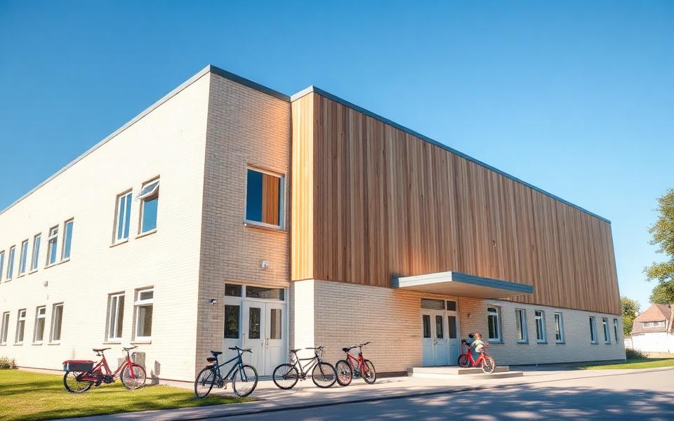 Svensk skolbyggnad med skolgård, cykelställ och elever – skolregister