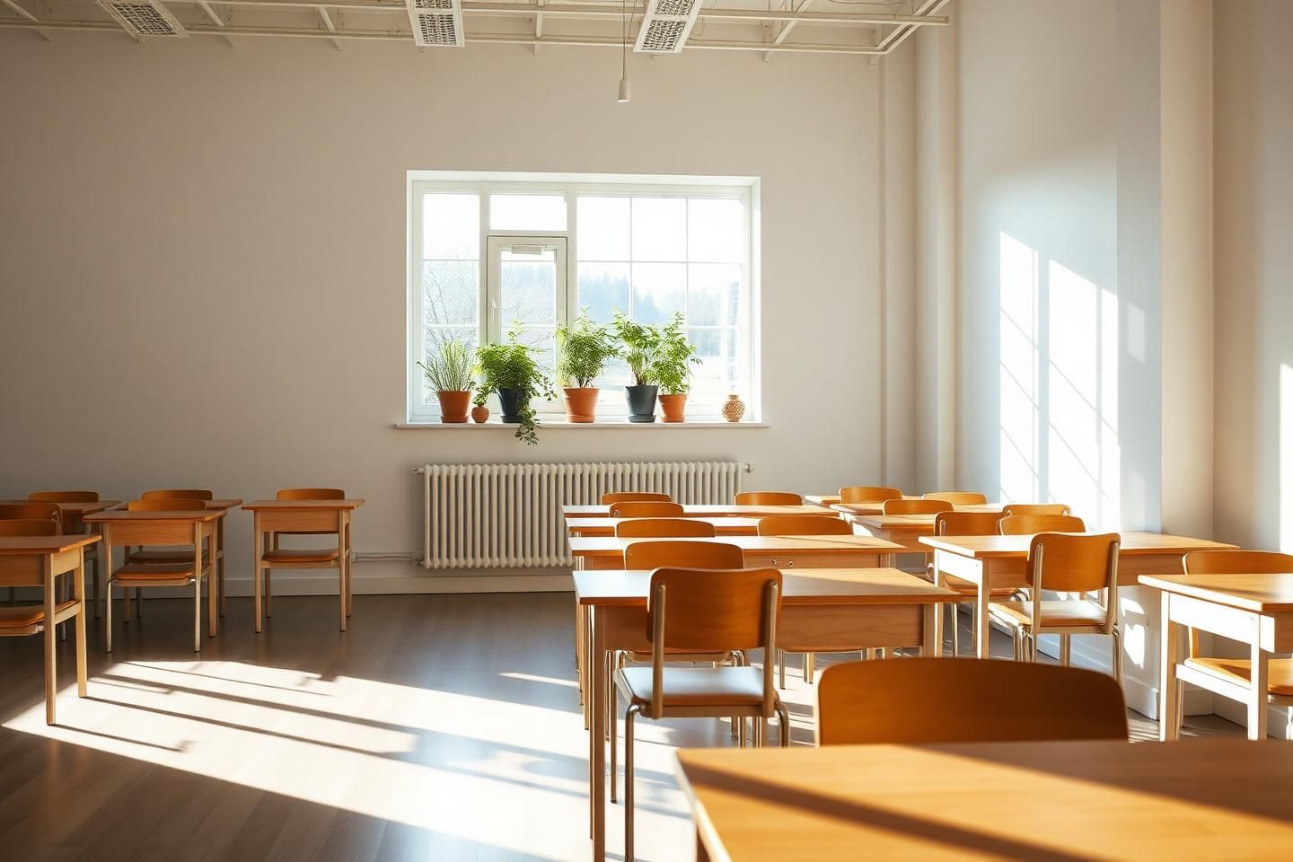 Solbelyst klassrum med träbänkar och krukväxter i fönstret