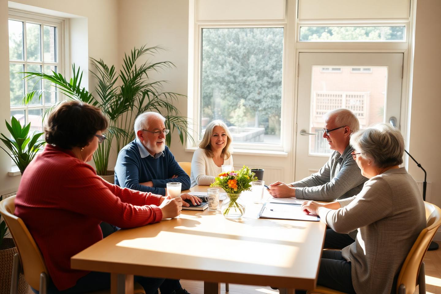 Styrelsemöte i en bostadsrättsförening runt ett bord i ett ljust gemensamhetsrum