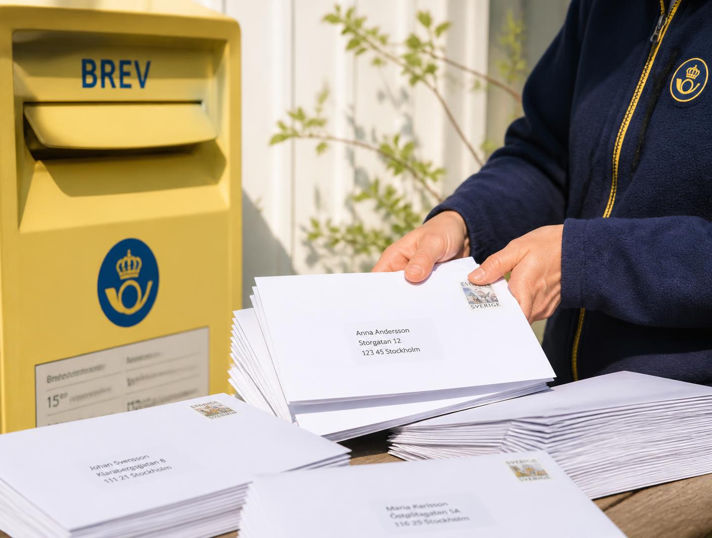 Adresserade kuvert med namn- och adressetiketter sorteras i buntar intill en gul svensk brevlåda