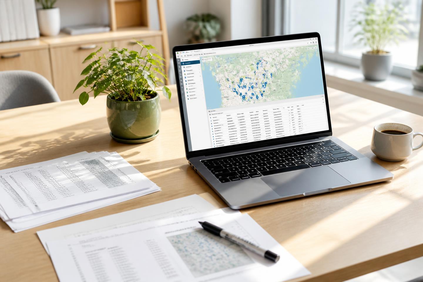 Skrivbord med laptop som visar karta och tabell med företagsurval, utskrivna adresslistor och kaffekopp