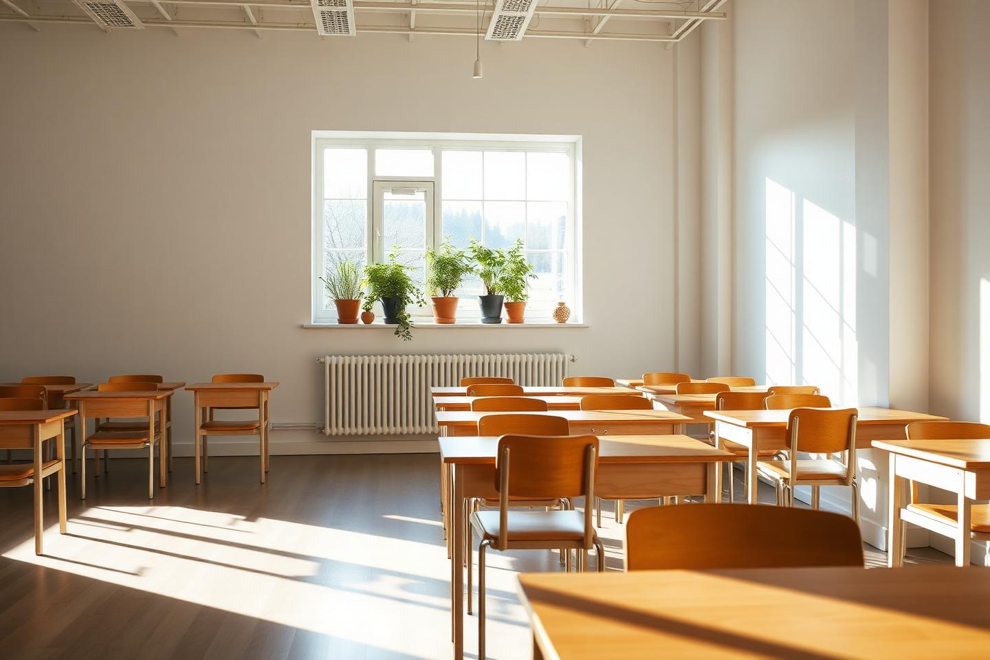 Solbelyst klassrum med träbänkar och krukväxter i fönstret